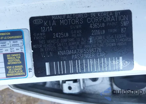 2015 Kia Optima Lx from USA, damaged, VIN KNAGM4A73F5598776